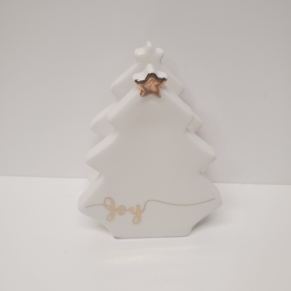 White Ceramic Christmas Tree Tissue Holder with Gold Accents